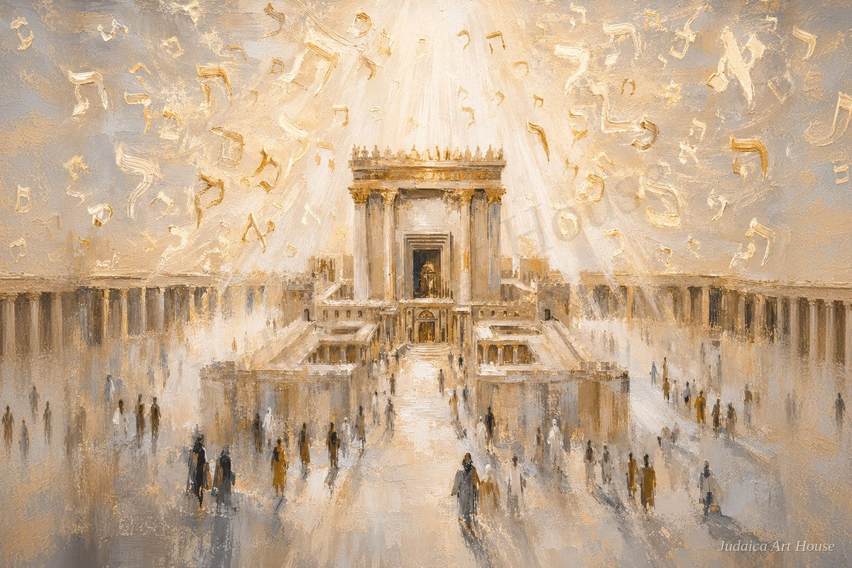 Beit HaMikdash – Golden Light by Raphael Moshé, hand-embellished mixed media on canvas with golden Hebrew letters and rays of light