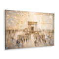 Beit HaMikdash – Golden Light by Raphael Moshé — angled white-background canvas of the Temple in golden light with Hebrew letters