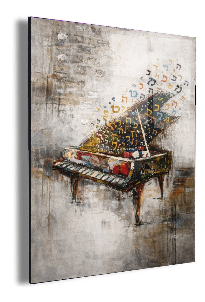 The Heavenly Melody by Raphael C — angled white-background canvas of grand piano with colorful Hebrew letters