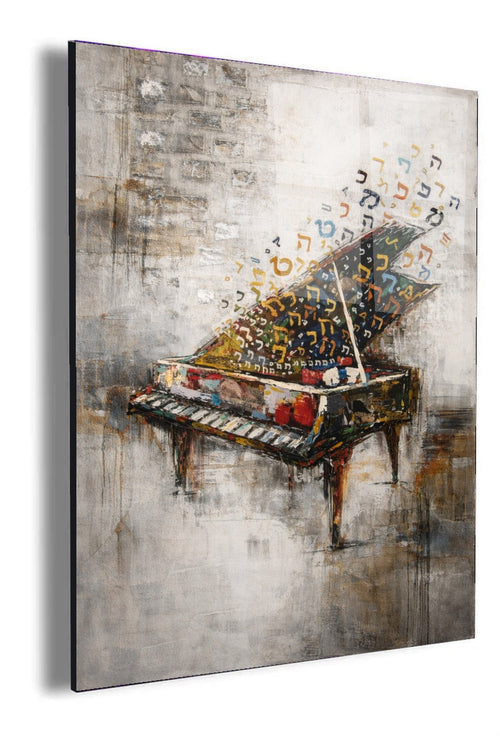The Heavenly Melody by Raphael C — angled white-background canvas of grand piano with colorful Hebrew letters