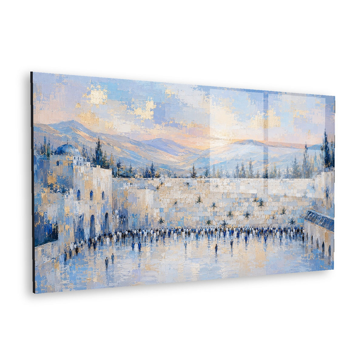 Kotel in Blue Light by Raphael Moshé — angled white-background canvas of the Western Wall in soft blue light
