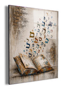 Open Book – Letters Rising by Raphael Moshé — angled white-background canvas of open book with floating Hebrew letters