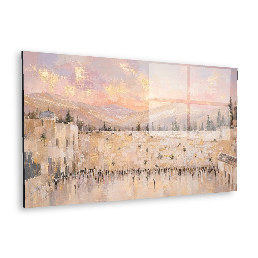Pink Sunset Over the Kotel by Raphael Moshé — angled white-background canvas of the Western Wall at pink sunset