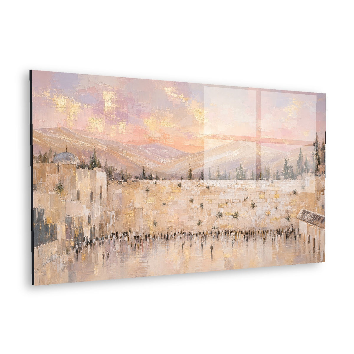 Pink Sunset Over the Kotel by Raphael Moshé — angled white-background canvas of the Western Wall at pink sunset