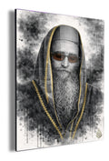 Rav Y. Pinto by Judaica Art House — angled white-background canvas, black-and-white portrait with gold-trim hood and sunglasses
