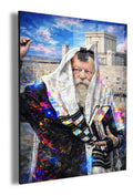 The Rebbe Before the Temple by Raphael Moshé — angled white-background canvas of the Lubavitcher Rebbe in tallit and tefillin before Beit HaMikdash
