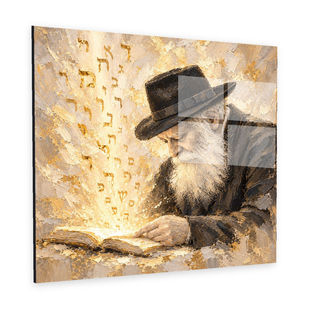 The Rebbe – Light of Torah by Raphael Moshé — angled white-background canvas with gold Hebrew letters rising from the open book