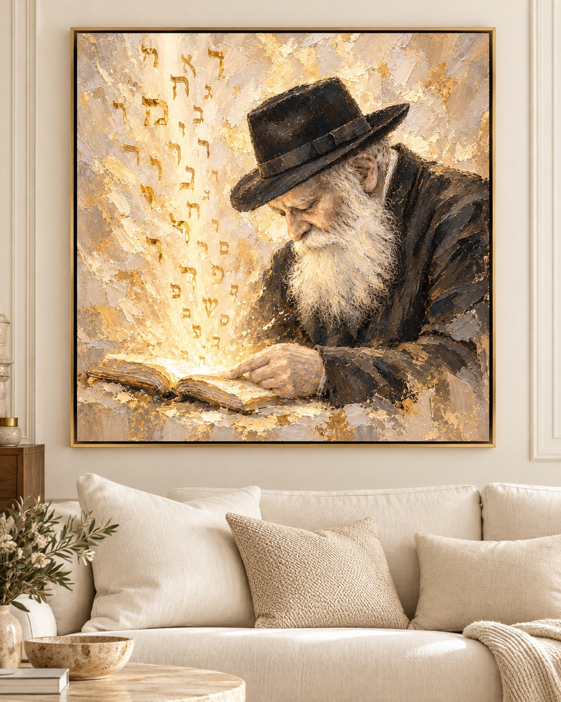 The Rebbe – Light of Torah by Raphael Moshé — living room mockup above a white sofa, gold floater frame