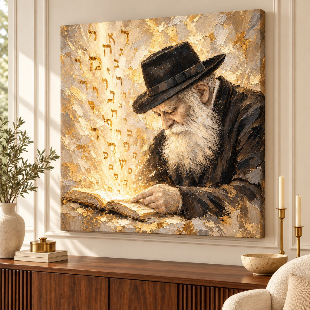 The Rebbe – Light of Torah by Raphael Moshé — room mockup above a dark wood sideboard with olive branches and gold candlesticks