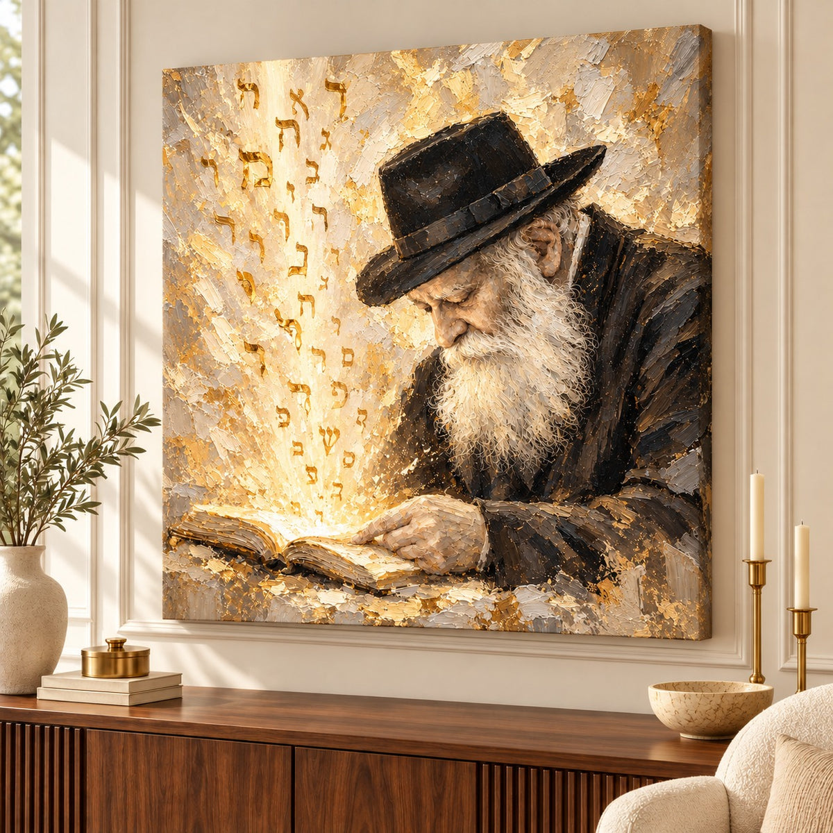 The Rebbe – Light of Torah by Raphael Moshé — room mockup above a dark wood sideboard with olive branches and gold candlesticks