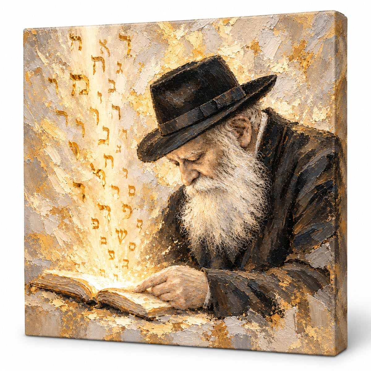 The Rebbe – Light of Torah by Raphael Moshé — white-background square canvas, gold and cream impasto