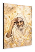 Sacred Contemplation by Raphael Moshé — angled white-background canvas of a sage in white tallit at prayer with gold Hebrew letters and the Kotel