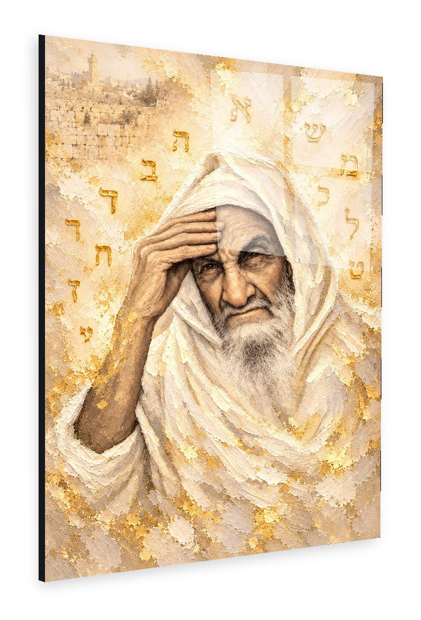 Sacred Contemplation by Raphael Moshé — angled white-background canvas of a sage in white tallit at prayer with gold Hebrew letters and the Kotel