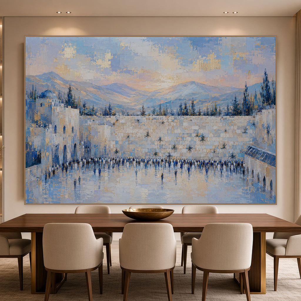 Kotel in Blue Light by Raphael Moshé above a dining table — gold frame, no mat