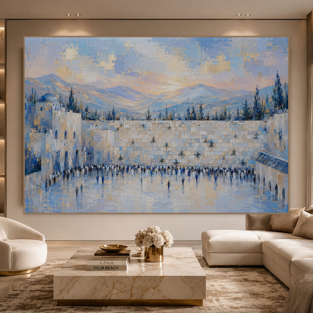 Kotel in Blue Light by Raphael Moshé in a cool modern living room — gold frame, no mat