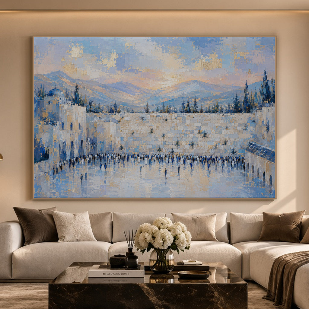 Kotel in Blue Light by Raphael Moshé in a warm luxury living room — gold frame, no mat