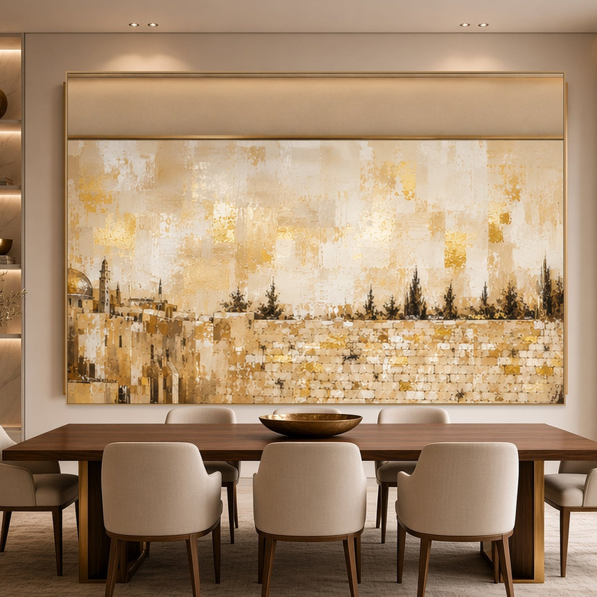 Kotel and the Golden Dome by Raphael Moshé above a dining table — gold frame, art edge to edge