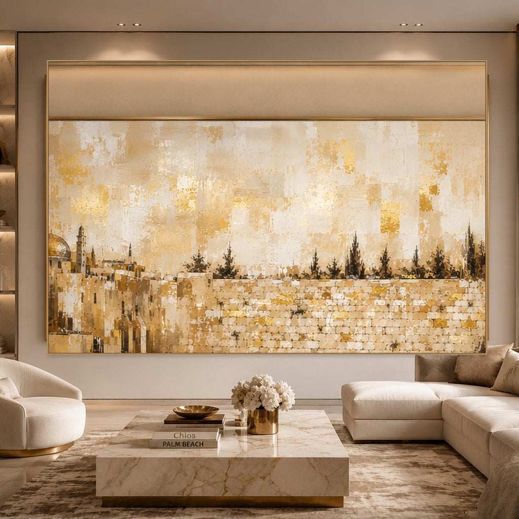 Kotel and the Golden Dome by Raphael Moshé in a living room — gold frame, art edge to edge