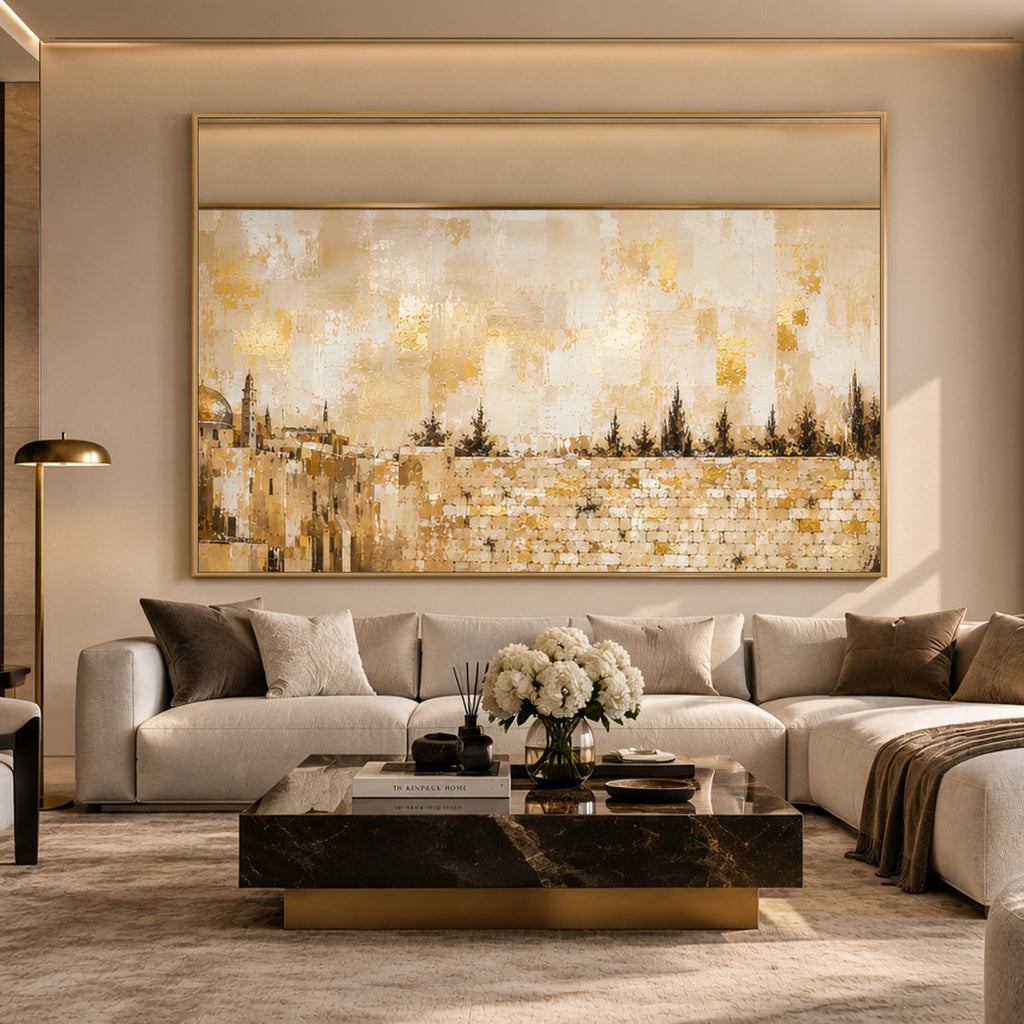 Kotel and the Golden Dome by Raphael Moshé in a warm living room — gold frame, art edge to edge