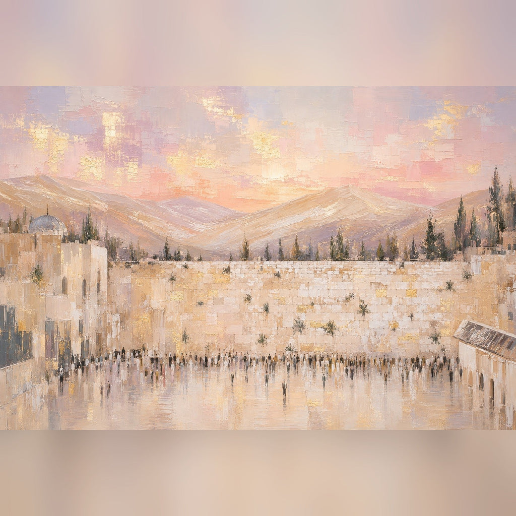 Pink Sunset Over the Kotel by Raphael Moshé — flat canvas in peach and gold