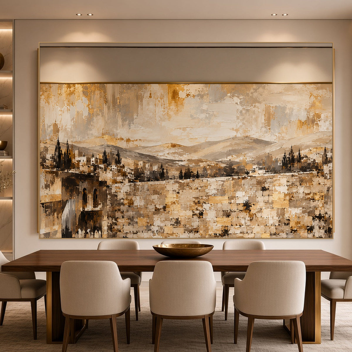 Golden Gates at the Kotel by Raphael Moshé above a dining table — gold frame, art edge to edge