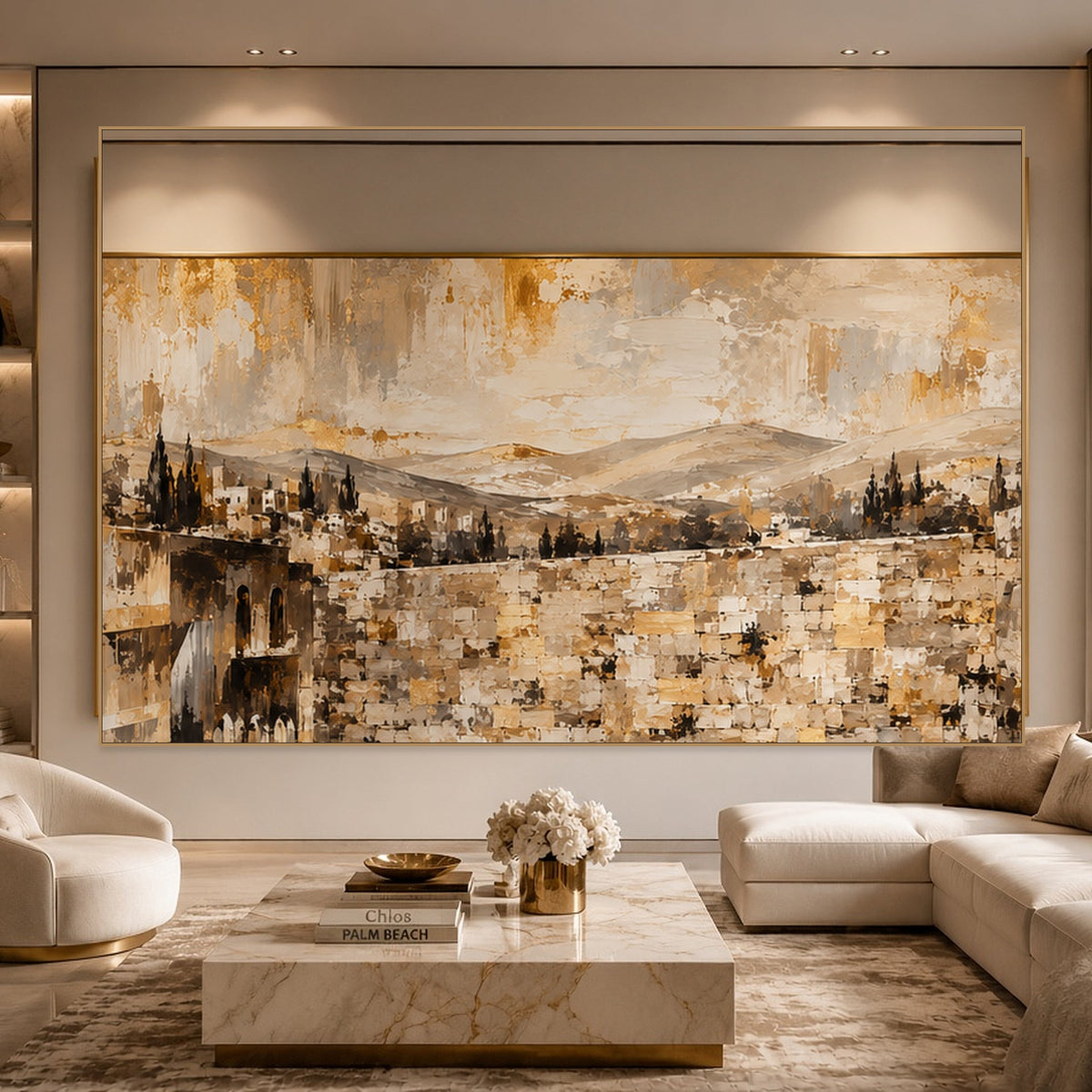 Golden Gates at the Kotel by Raphael Moshé in a living room — gold frame, art edge to edge