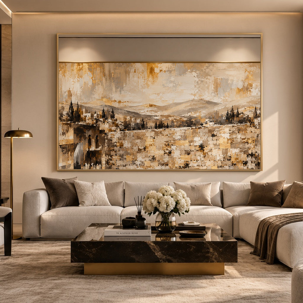 Golden Gates at the Kotel by Raphael Moshé in a warm living room — gold frame, art edge to edge