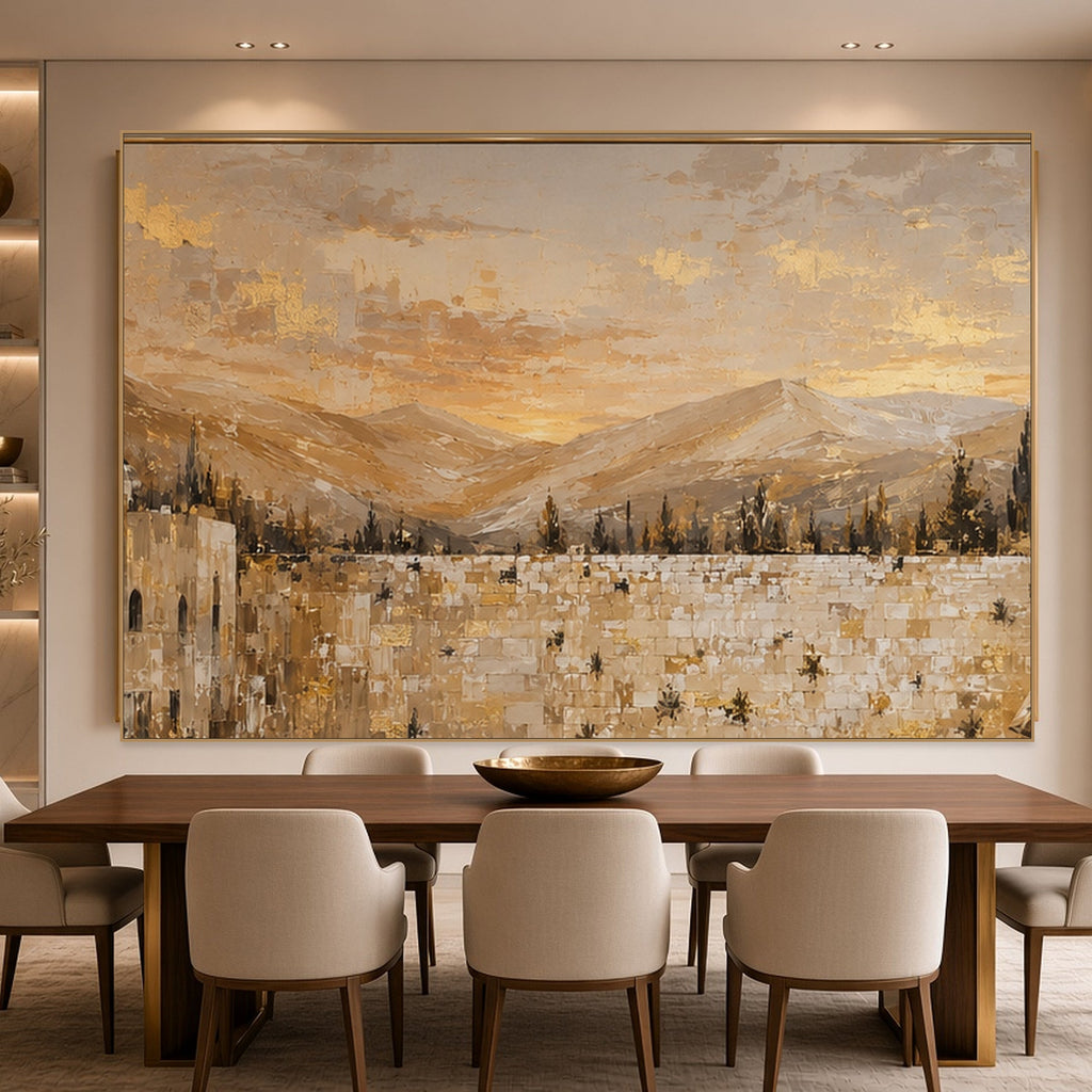Mountains of Gold Kotel by Raphael Moshé above a dining table — gold frame, art edge to edge