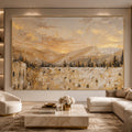 Mountains of Gold Kotel by Raphael Moshé in a living room — gold frame, art edge to edge