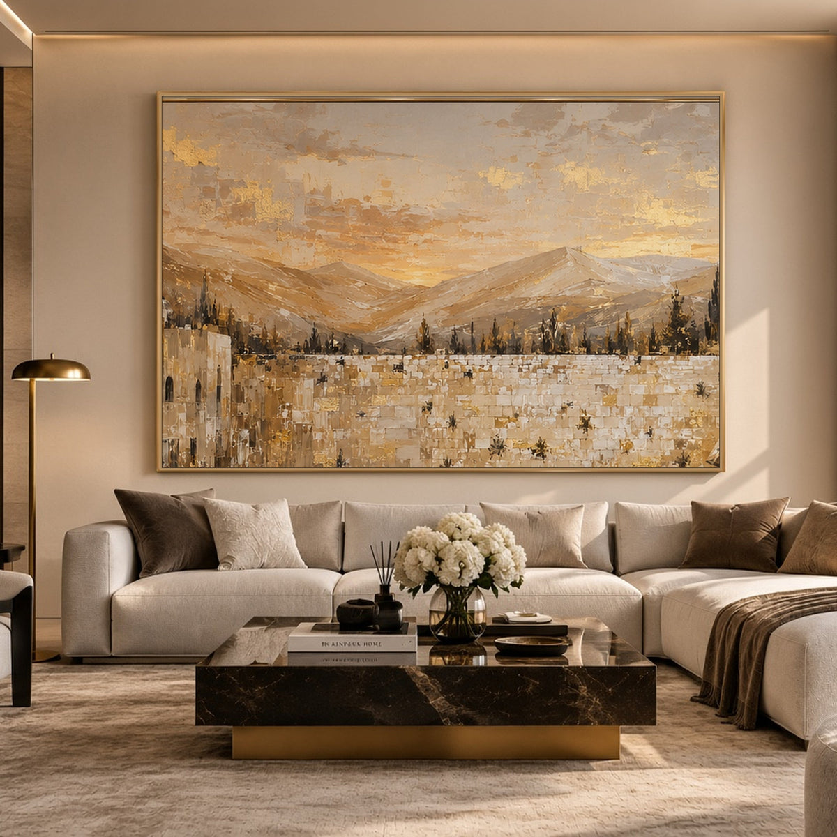 Mountains of Gold Kotel by Raphael Moshé in a warm living room — gold frame, art edge to edge