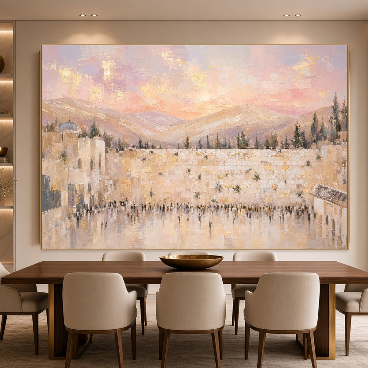 Pink Sunset Over the Kotel by Raphael Moshé above a dining table — gold frame, art edge to edge