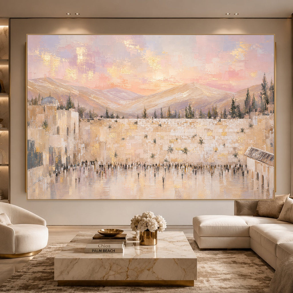 Pink Sunset Over the Kotel by Raphael Moshé in a living room — gold frame, art edge to edge