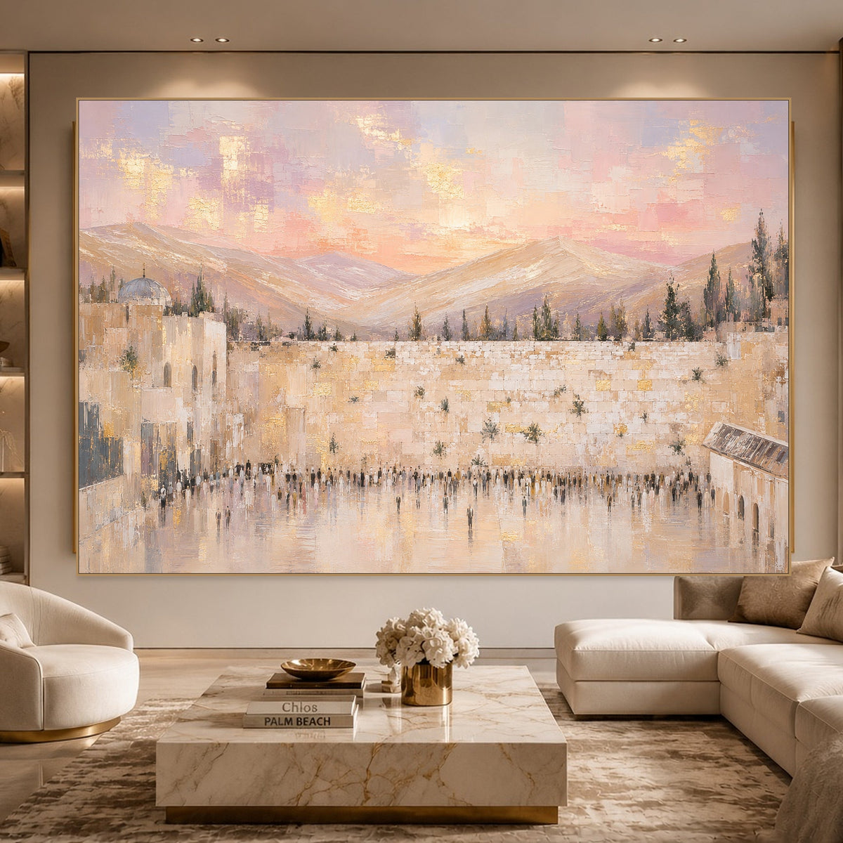 Pink Sunset Over the Kotel by Raphael Moshé in a living room — gold frame, art edge to edge