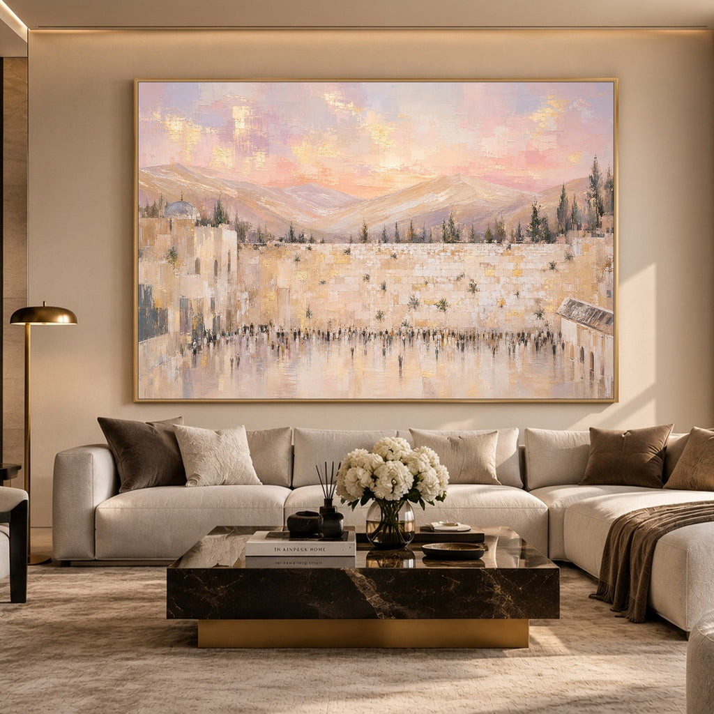 Pink Sunset Over the Kotel by Raphael Moshé in a warm living room — gold frame, art edge to edge