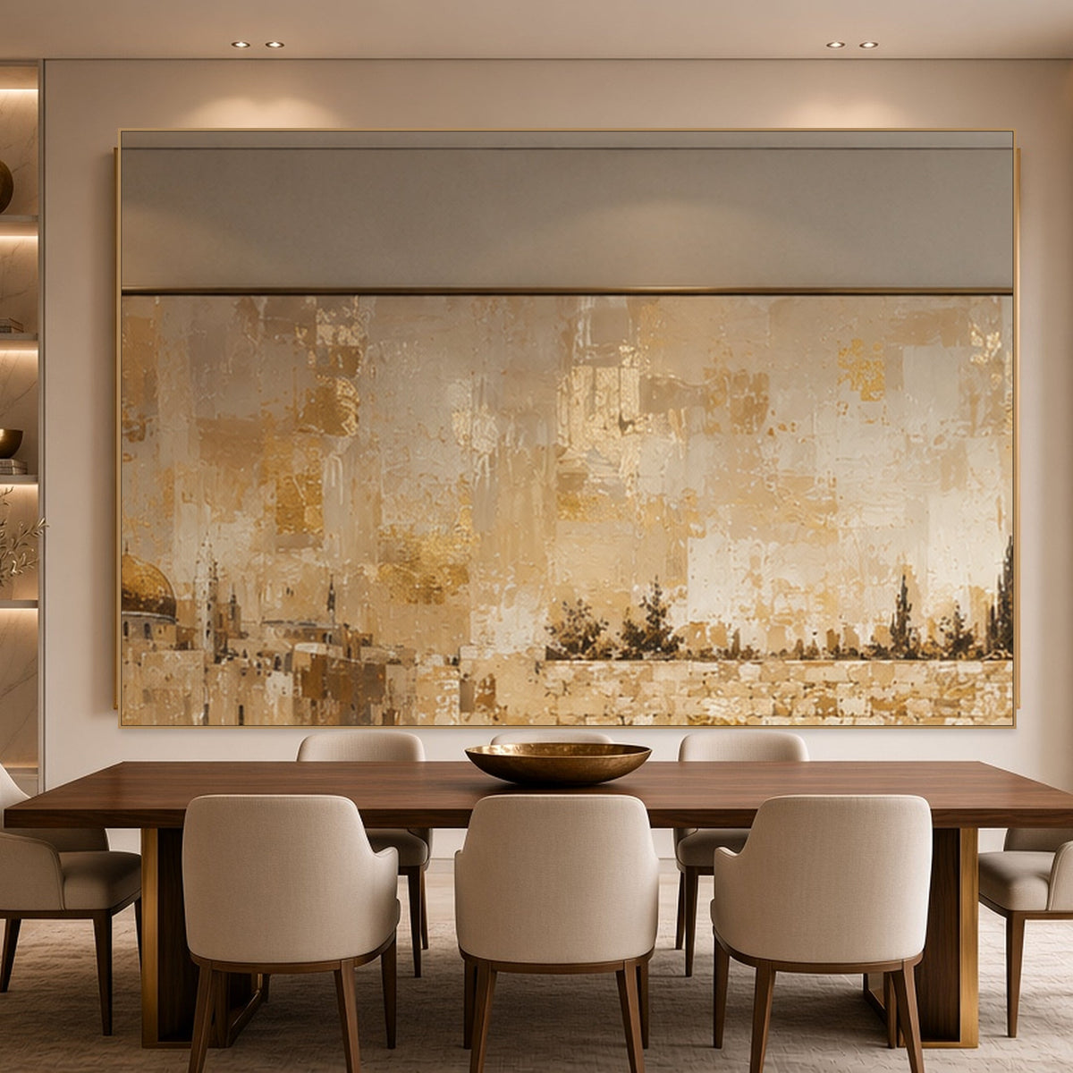 Tallit at the Golden Dome by Raphael Moshé above a dining table — gold frame, art edge to edge