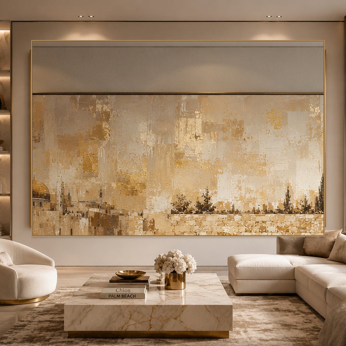 Tallit at the Golden Dome by Raphael Moshé in a living room — gold frame, art edge to edge