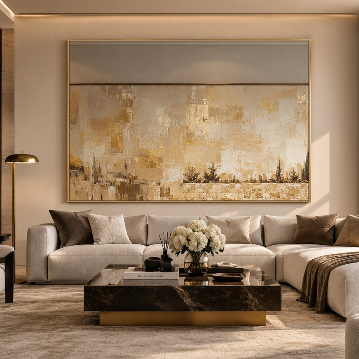 Tallit at the Golden Dome by Raphael Moshé in a warm living room — gold frame, art edge to edge