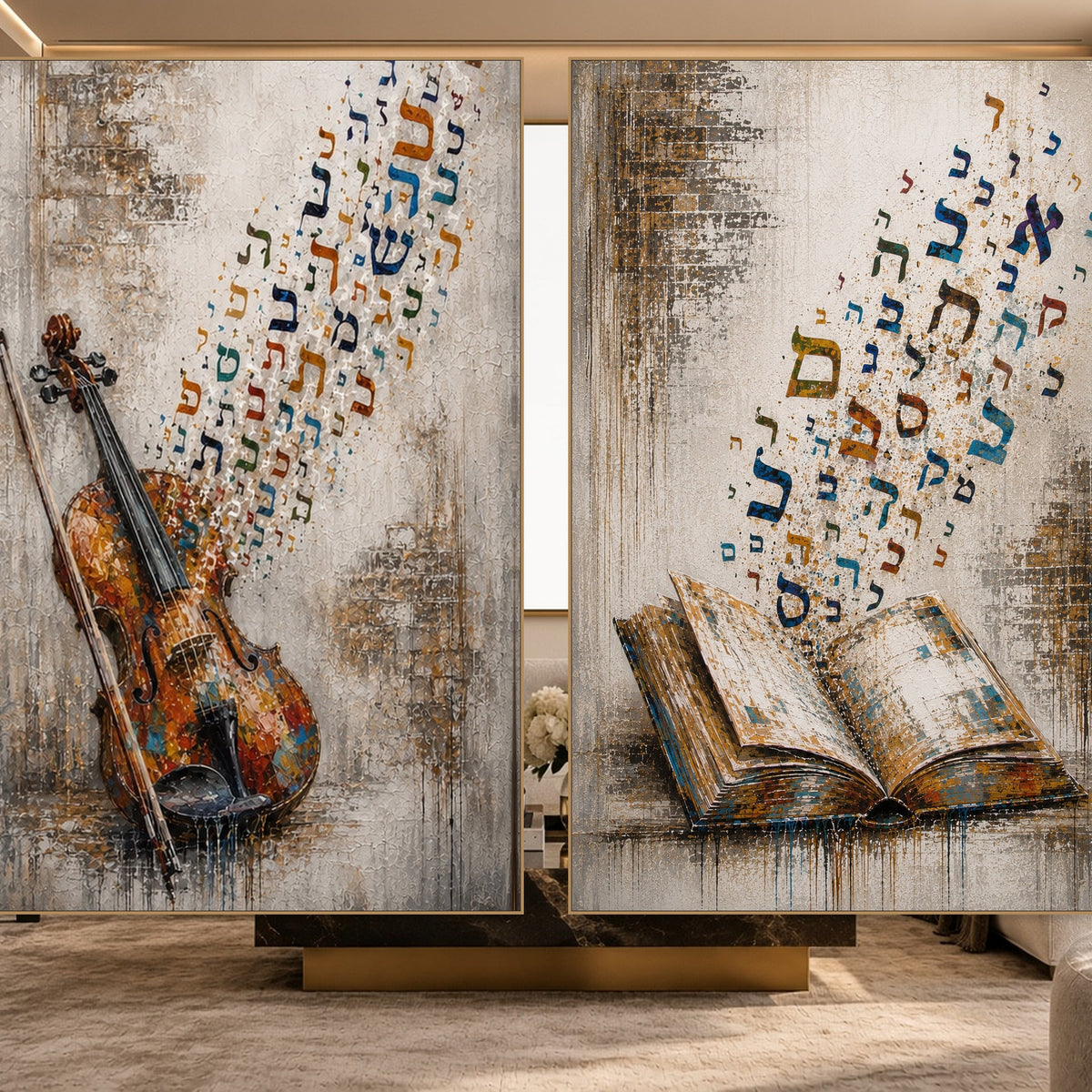 Violin of Sacred Letters and Open Book Letters Rising by Raphael Moshé — gold frames, art edge to edge