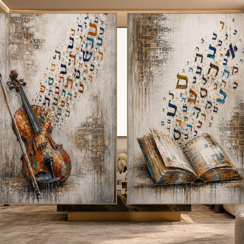 Violin of Sacred Letters and Open Book Letters Rising by Raphael Moshé — gold frames, art edge to edge