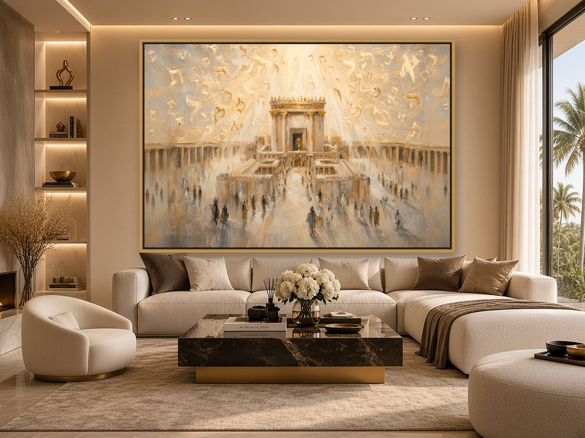 Beit HaMikdash – Golden Light canvas by Raphael Moshé hanging in a modern living room
