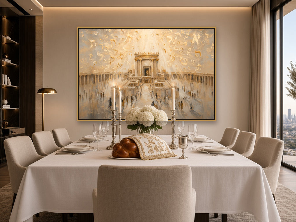 Beit HaMikdash – Golden Light canvas by Raphael Moshé above a set Shabbat table