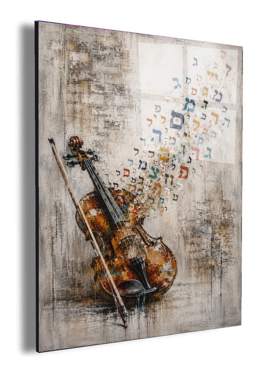 Violin of Sacred Letters by Raphael Moshé — angled white-background canvas of violin with rising Hebrew letters